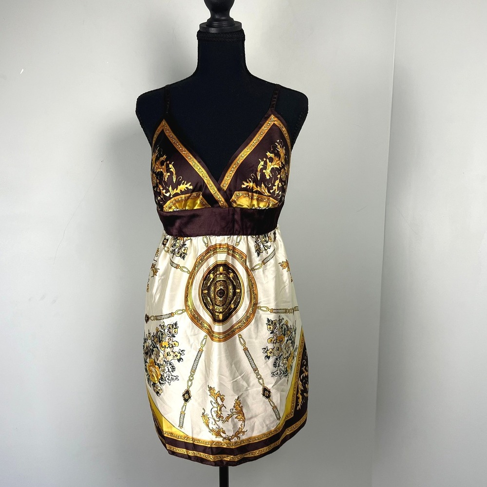 MKM Designs Brown Gold Baroque Scarf Print Top M Empire Waist Babydoll Glam Y2k